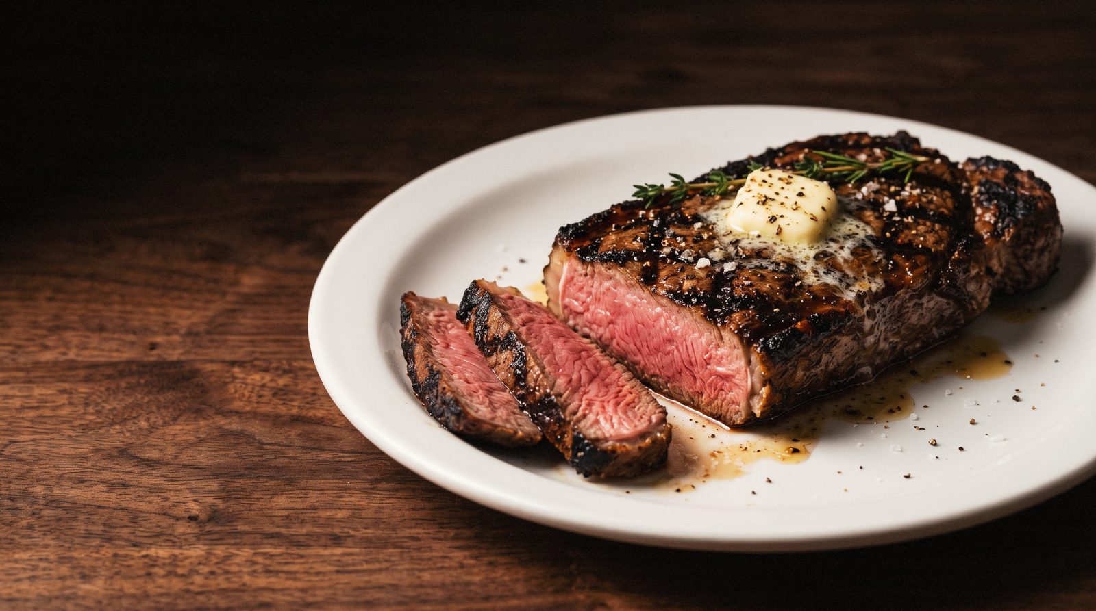 Charbroiled New York strip, sliced medium rare, with melting butter